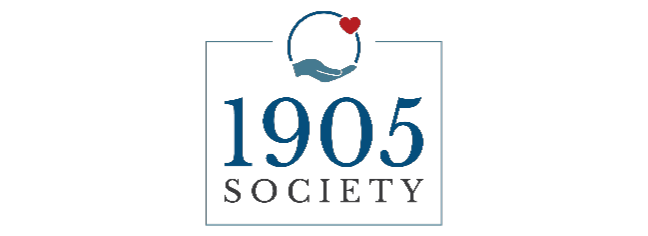 1905 Society with a blue hand holding a blue circle with a red heart in the circle