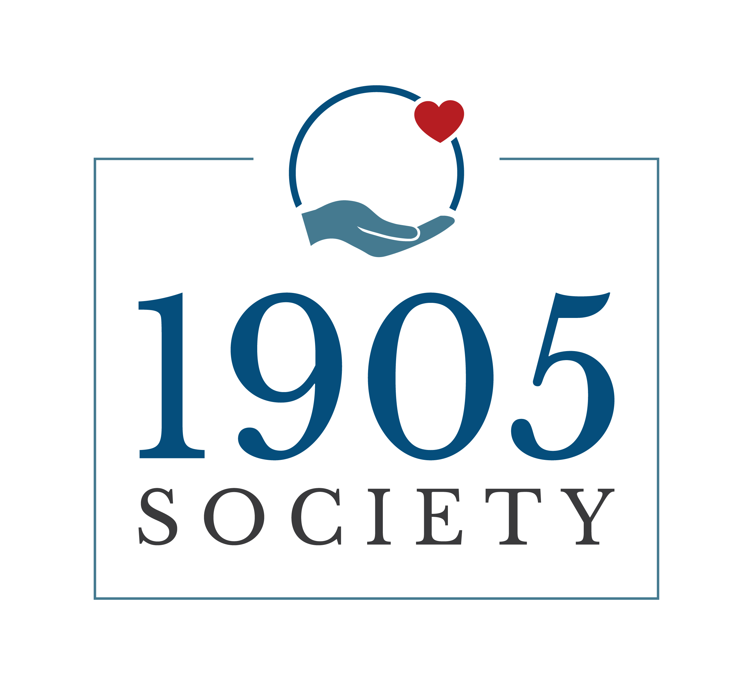 The words 1905 Society with a blue hand holding a circle with a red heart on top