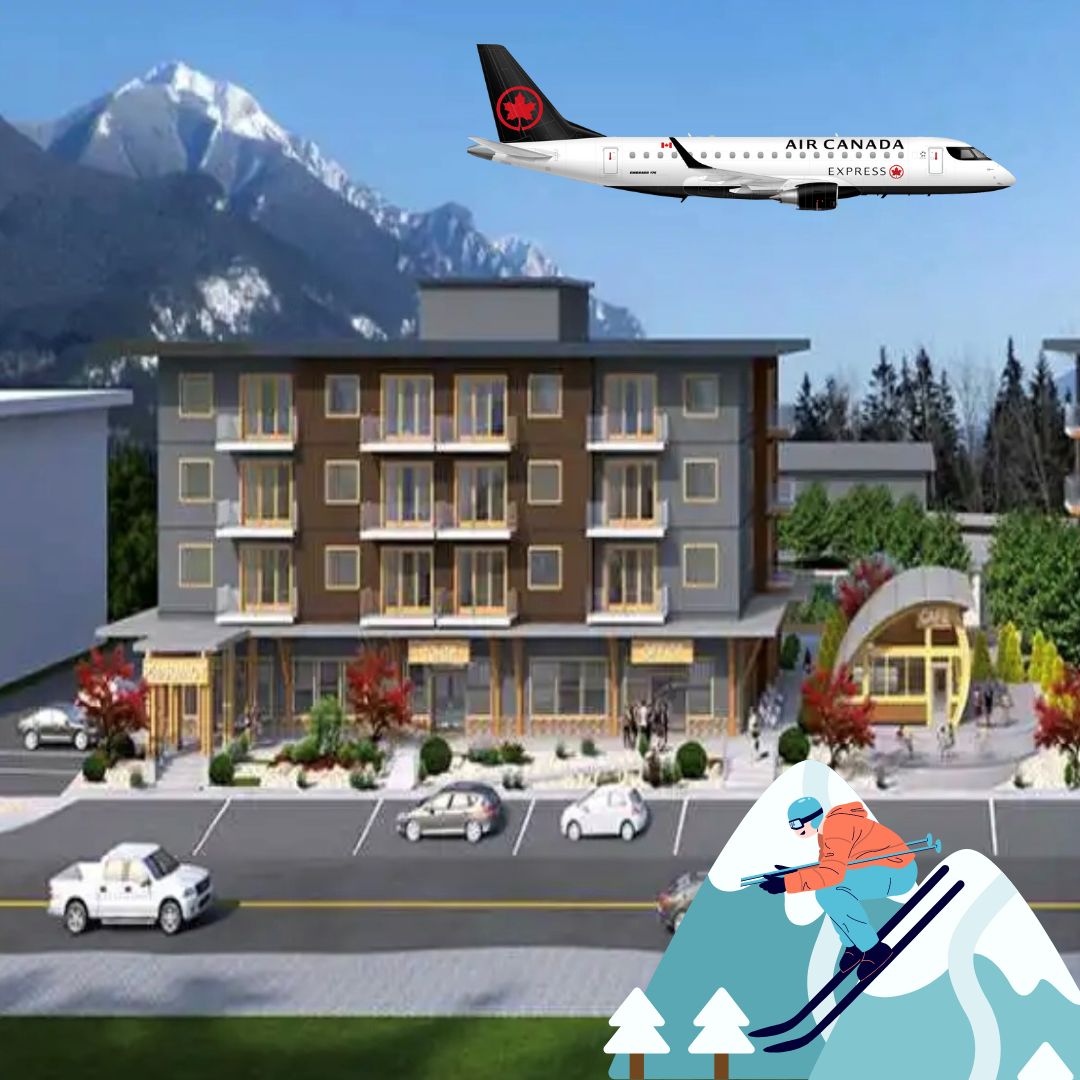 A rendering of a hotel, a cartoon of a person skiing down a mountain and an air canada plane in the sky.