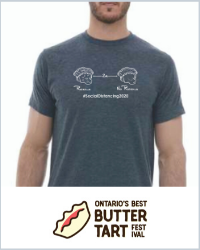 A man in a grey t-shirt the logo for the Ontarios Best Butter Tart Festival is underneath
