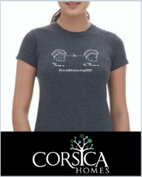 A women in a grey t-shirt. The Corsica Homes logo is beneath