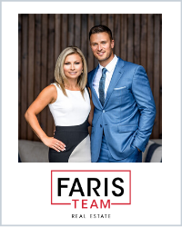 Blond woman in a white dress and Man in a blue suit. The Faris Team is written below
