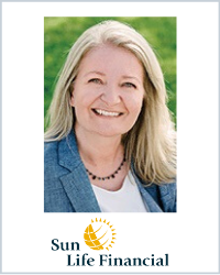 Smiling Blonde woman wearing a blue blazer. the Sun Life Financial logo is below