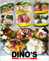 A selection on fresh sandwiches and salads, The Dinos Fresh Food logo is at the bottom