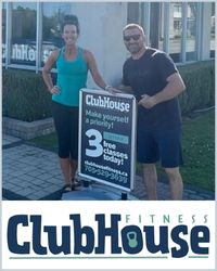 A Woman in a teal tank top and man in blue shorts and top. Below are the words ClubHouse Fitness