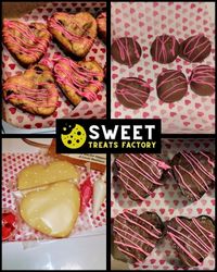 Heart shaped cookies and chocolate cookies with pink zig-zag icing. The words Sweet Treats Factory in the middle
