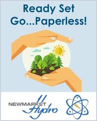 The words Go Paperless with two hands wrapped around a drawing of a white globe with trees, the sun and clouds in it. And a Newmarket Tay Hydro logo.