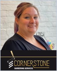 A blond women in a black top with her hair tied back. The words Cornerstone Barbering Services is written below