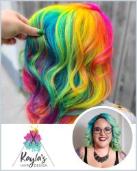 Rainbow vibrant coloured hair with the words Kayla's Hair below