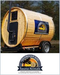 A wooden sauna on wheels with a stack coming out of it. The Georgian Bay Sauna Rentals logo is beneath