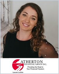 Woman with long, dark curly hair wearing a black top. Atherton Financial Group written below.