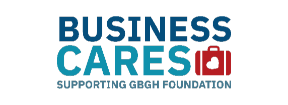 Business Cares Supporting GBGH Foundation with a red suitcase with a white heart on it to the right of the words