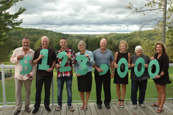 Eight people standing on a deck outside a gold course. Each hold a number of symbol that shows $123,000