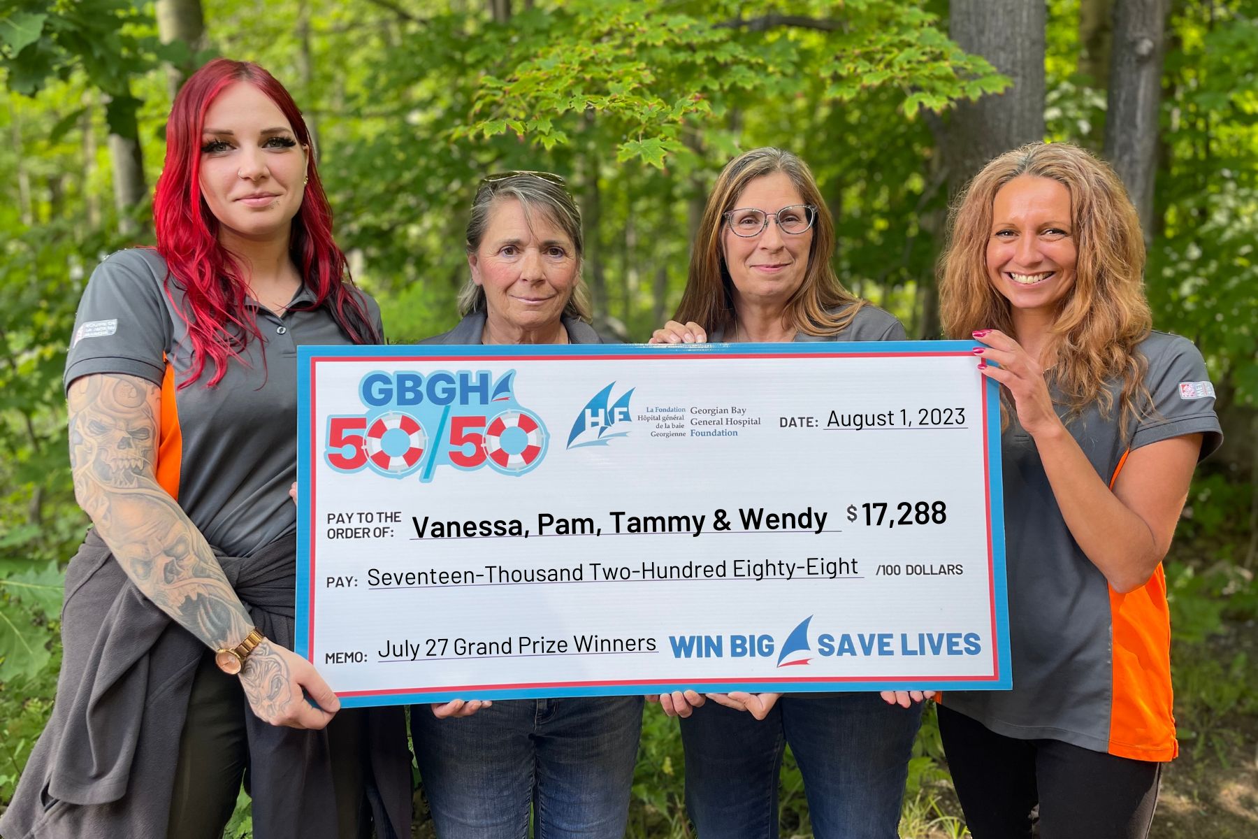 Vanessa, Pam, Tammy and Wendy pose with a cheque for $17,288 for winning the July 2023 50/50 Draw
