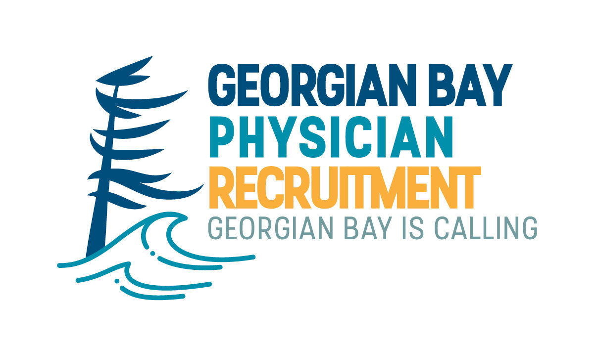 Georgian Bay Physician Recruitment Georgian Bay is Calling with blue tree and teal water drawing to the left