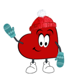 A red cartoon heart with arms and legs and big eyes. It is wearing a pair of turquoise patterned mittens and a red touque with a white pom-pom.