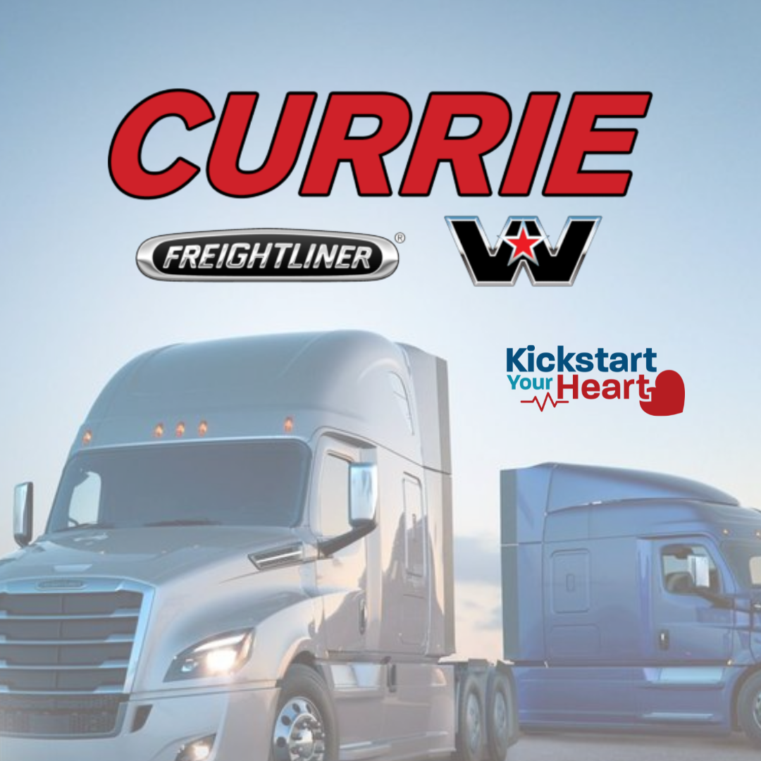Currie truck logo with 2 large 18 wheelers and the Kickstart your heart logo