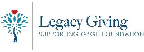 Legacy Giving Supporting GBGH Foundation with a blue tree with light blue leaves and a red heart of top to the left of the words