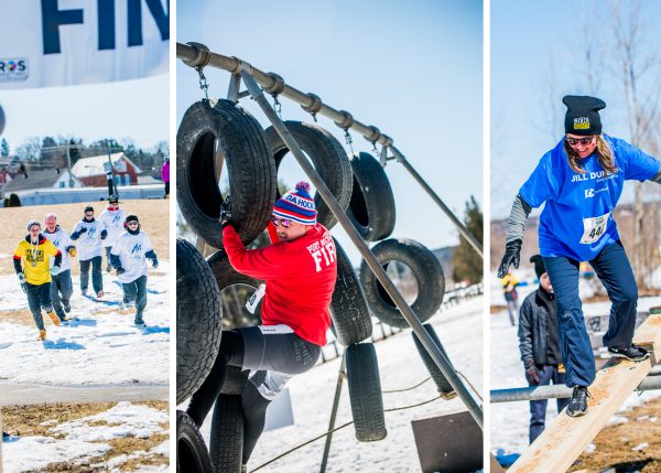 Collage of a man hanging from some tires handing up, a woman on a wood board balancing, and a group of five people in matching shirts running across a snow dotted field.