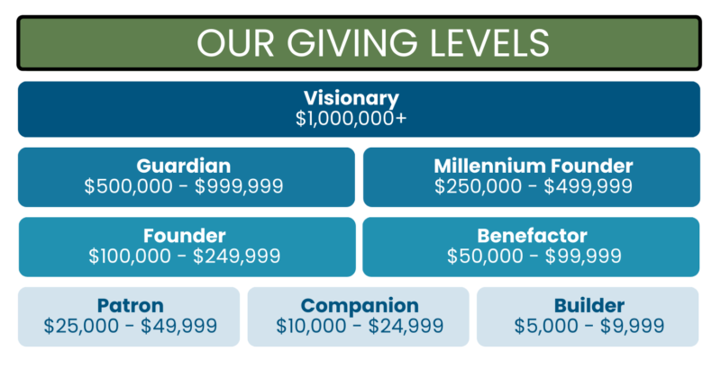 A list of giving levels. Visionary: $1,000,000+ Guardian: $500,000-$999,999 Millennium Founder: $250,000-$499,999 Founder: $100,000-$249,999 Benefactor: $50,000-$99,999 Patron: $25,000-$49,999 Companion: $10,000-$24,999 Builder: $5,000-$9,999