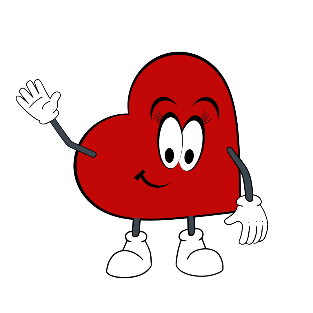 A red cartoon heart with arms and legs and big eyes