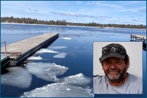 The ice breaking around a dock on Georgian Bay along with an inset image of a salt and pepper haired man in a ball cap wearing a grey shirt.