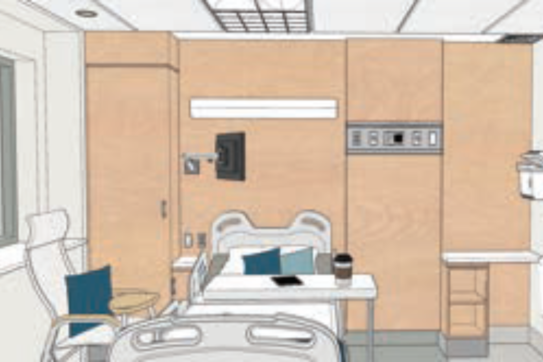 A rendering of a hospital room showing a bed, table, brown walls and accented cushions and pillows in blue.
