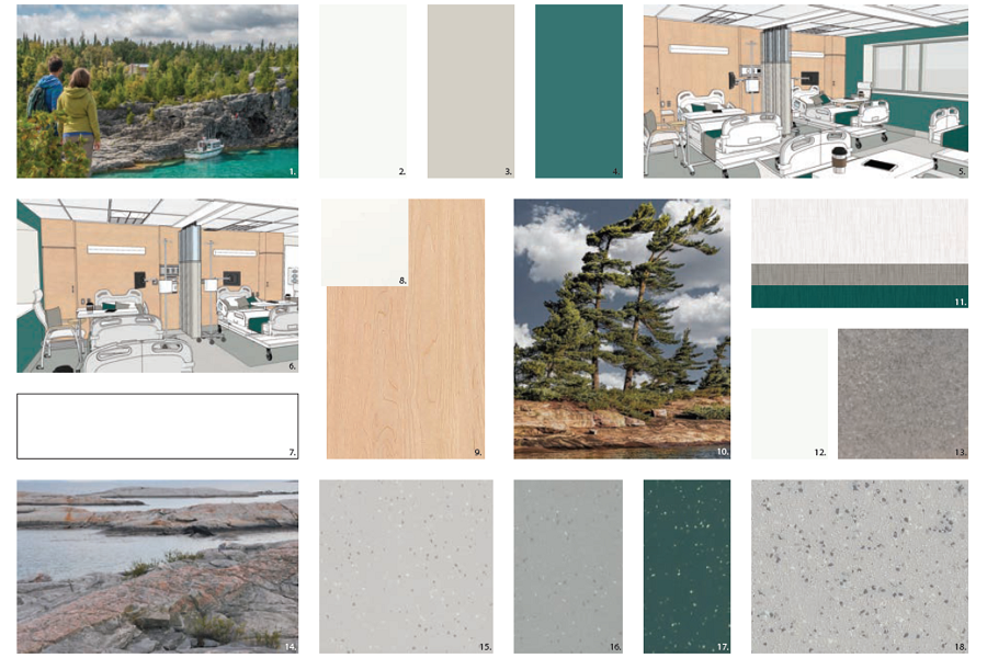 A design board for a Green inspired hospital design. It shows drawings of hospital bed units, colour palettes, and flooring samples. There are pictures of Georgian bay trees, rocks and water.