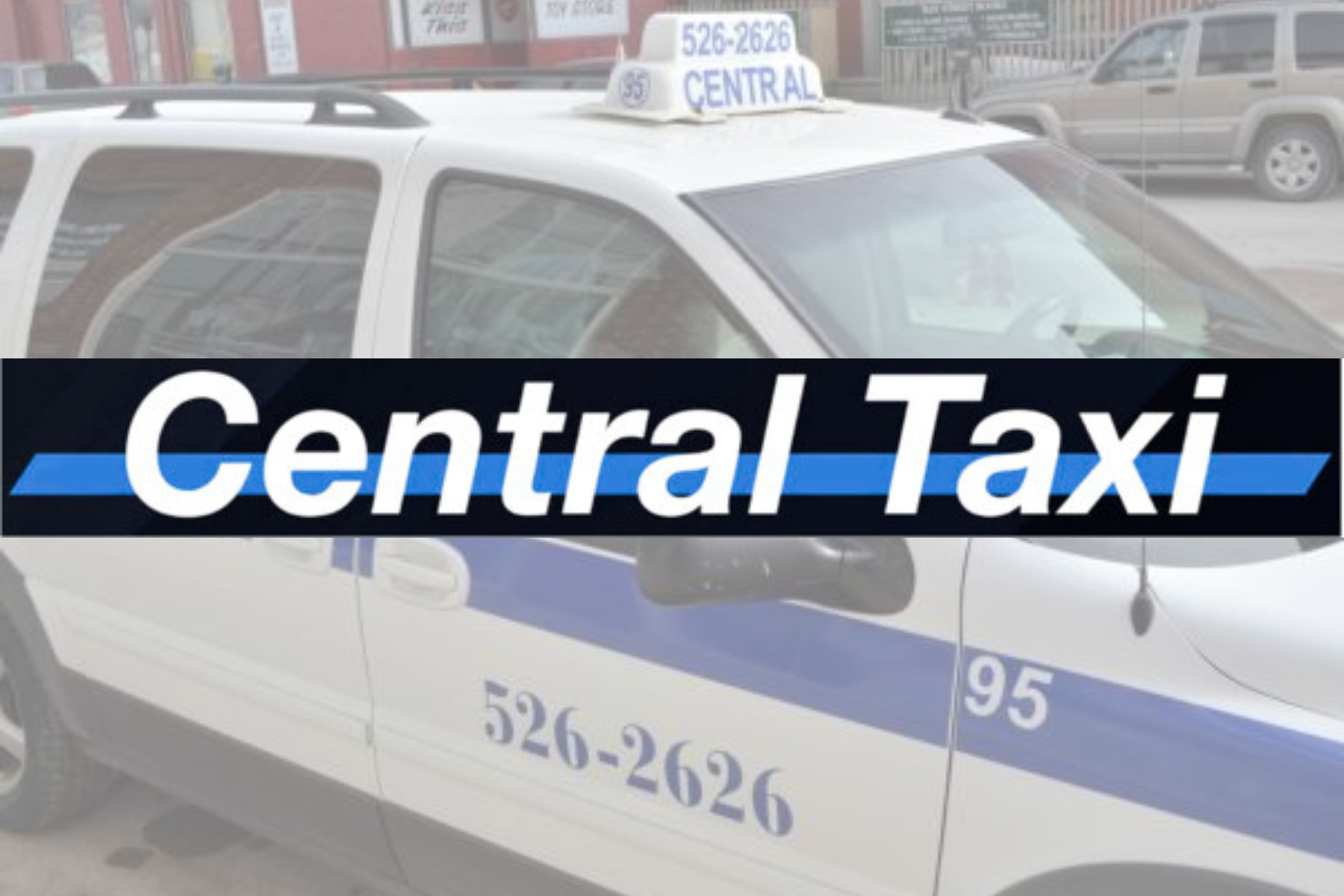 A blue and white Central Taxi