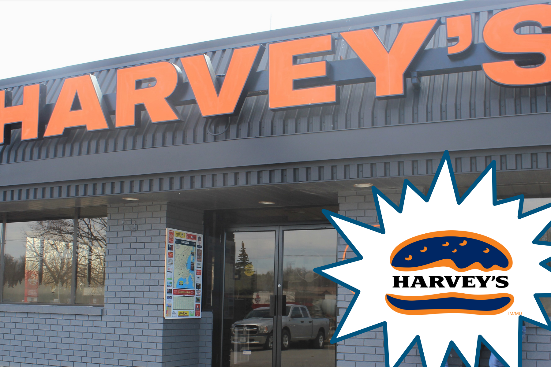 The exterior of Harveys restaurant doors