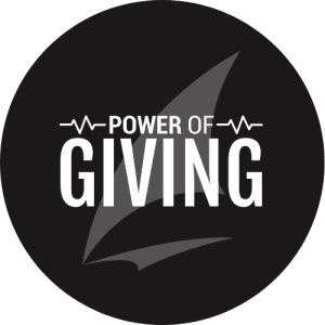 Power of Giving in white text on a black background