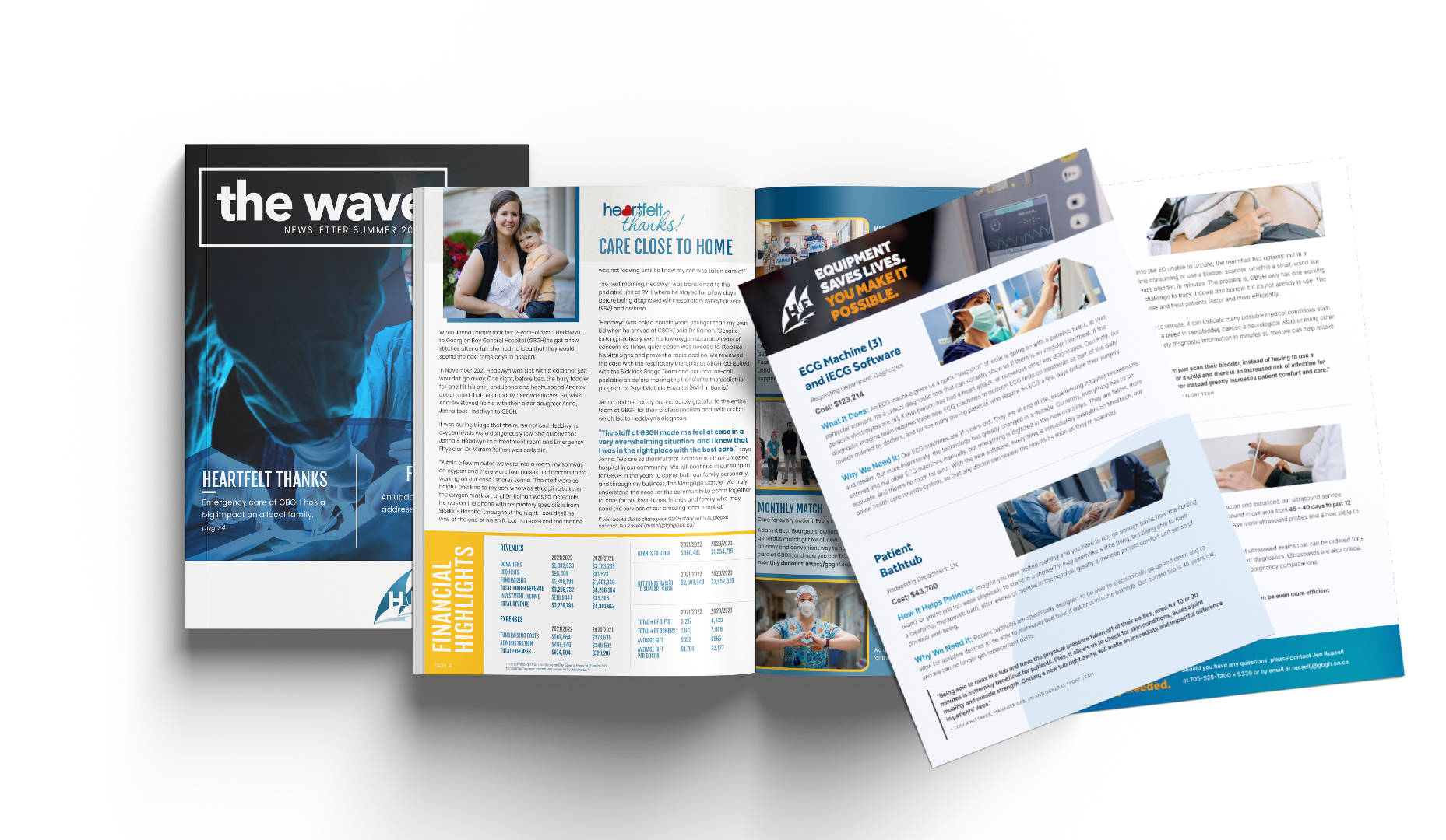 The wave front cover, an open page about the Heartfelt Thanks program, and a sheet about the drive to acquire more equipment.